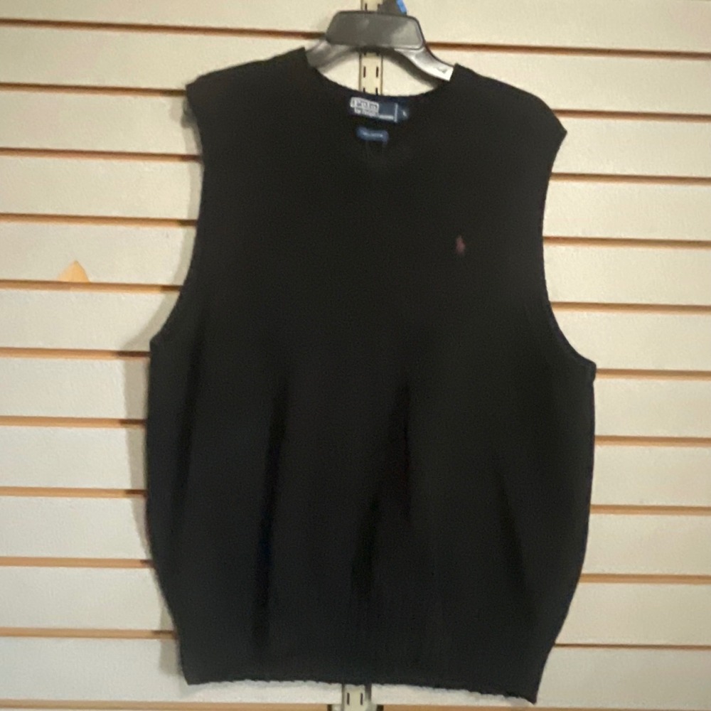 Polo Ralph Lauren Mens V-Neck Sweater Vest‎ Black 100% Cotton Pink Pony Large